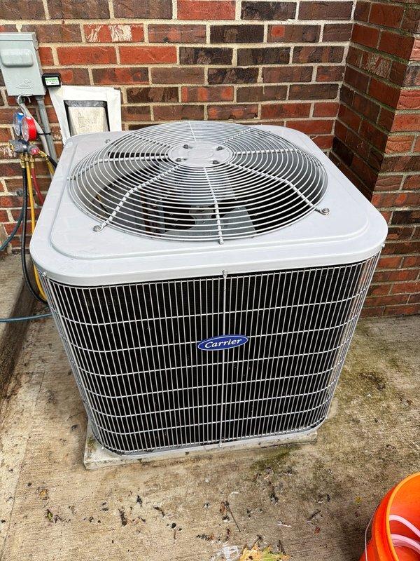 Completed routine maintenance agreement service on Carrier outdoor condensing unit. Changed 16x25x1 air filter, performed comprehensive system inspection, and verified proper operation of all components. Unit operating within normal parameters upon service completion.
