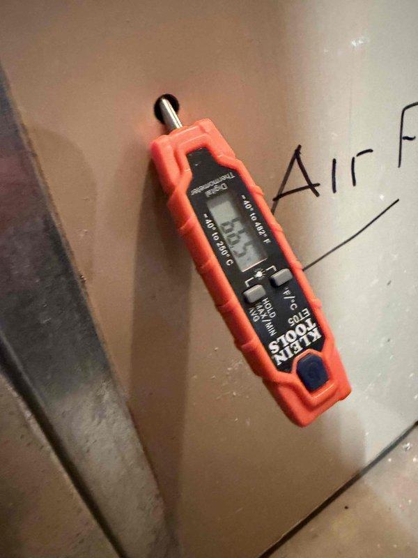Performed routine maintenance agreement service on residential air conditioning system. Conducted comprehensive system inspection and diagnostics using digital measurement instruments to verify proper operating parameters. Replaced existing 16x25x1 air filter with new Goodson filter as part of standard maintenance protocol. Verified airflow measurements and system performance metrics were within manufacturer specifications. System operating normally upon completion of maintenance visit.