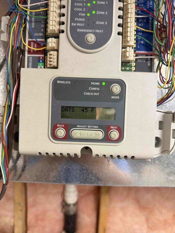 Returned to system to add refrigerant as requested. Upon arrival, verified multi-zone HVAC control system operation with HZ322 controller managing multiple zones including first and second floor areas. Added refrigerant to system per manufacturer specifications. Confirmed all zone indicators showing proper operation with green LED lights illuminated on control panel. Customer also requested addition of second floor zone to system coverage; verified zone wiring connections at terminal blocks and confirmed proper communication between thermostat display and main controller showing accurate temperature readings at 75°F. All zones tested and operational upon completion.