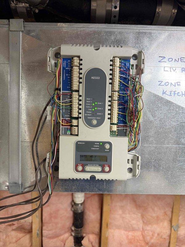 Returned to system to add refrigerant as requested. Upon arrival, verified multi-zone HVAC control system operation with HZ322 controller managing multiple zones including first and second floor areas. Added refrigerant to system per manufacturer specifications. Confirmed all zone indicators showing proper operation with green LED lights illuminated on control panel. Customer also requested addition of second floor zone to system coverage; verified zone wiring connections at terminal blocks and confirmed proper communication between thermostat display and main controller showing accurate temperature readings at 75°F. All zones tested and operational upon completion.