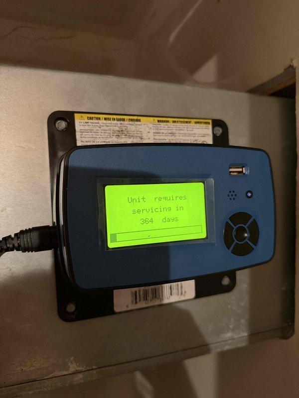Responded to callback for beeping UV light system following recent maintenance. Upon inspection, found UV bulb had reached end of service life and required replacement. Removed old UV bulb from air purification unit and installed new replacement bulb. Verified UV monitoring control panel was functioning properly and displaying correct service interval of 364 days until next bulb replacement. System tested and confirmed operational with no audible alarms. Air purification unit returned to normal operation.