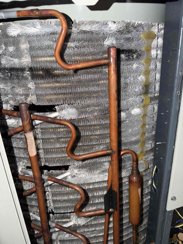 Completed comprehensive AC clean and check maintenance agreement on 18-year-old air conditioning system. Primary focus was condenser coil cleaning due to heavy dust accumulation from gravel alley exposure in shared mechanical room housing multiple units with open walls. Utilized cordless pressure washer to thoroughly clean condenser coil of accumulated debris. Inspected evaporator coil assembly, noting copper refrigerant lines in good condition with normal patina. Replaced air filter showing moderate dust loading. Inspected newer furnace unit, confirmed proper operation. System operational upon completion.