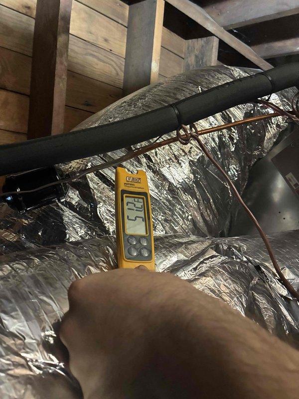 # HVAC Install - A/C Only

## Work Performed

Completed full air conditioning system replacement at residential property. Removed existing equipment and installed new Bosch outdoor condensing unit on existing concrete pad in exterior utility area. Unit positioned in side yard location with adequate clearance for service access and airflow.

Replaced indoor air handler in attic space with new unit. Installed flexible ductwork with reflective foil insulation to connect air handler to distribution system. Routed refrigerant lines through attic with black foam pipe insulation for proper temperature control and condensation prevention.

Installed new evaporator coil matched to system specifications. Added thermostatic expansion valve (TXV) to refrigerant circuit for improved efficiency and precise refrigerant metering. Ran new thermostat wiring and installed updated thermostat for system control.

Completed dispensation wiring installation to ensure proper electrical connections throughout 