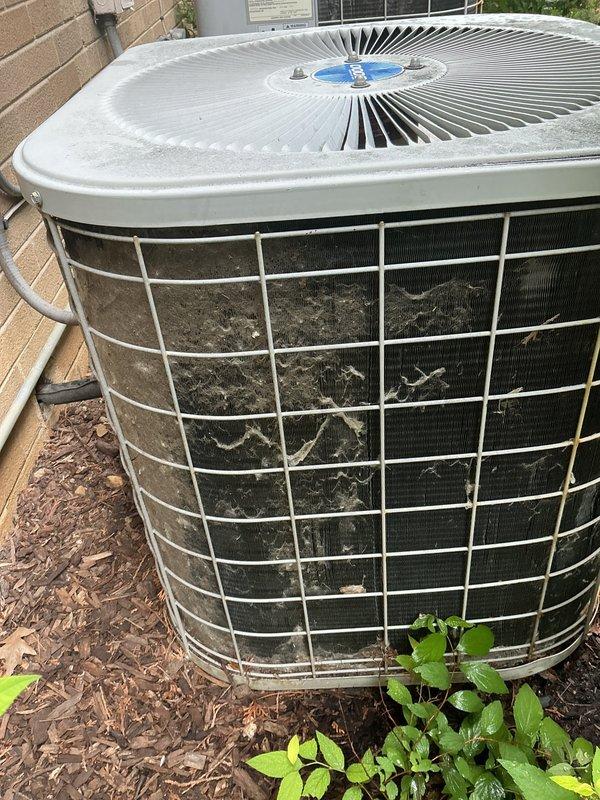 Completed scheduled maintenance agreement covering two air conditioning systems. Performed comprehensive inspection of outdoor condenser unit, noting significant debris accumulation on protective grille and organic growth at base requiring attention. Inspected indoor blower wheel assembly, observing dust buildup on outer rim and general soiling consistent with normal operation, indicating system is due for standard cleaning procedures during next service interval.