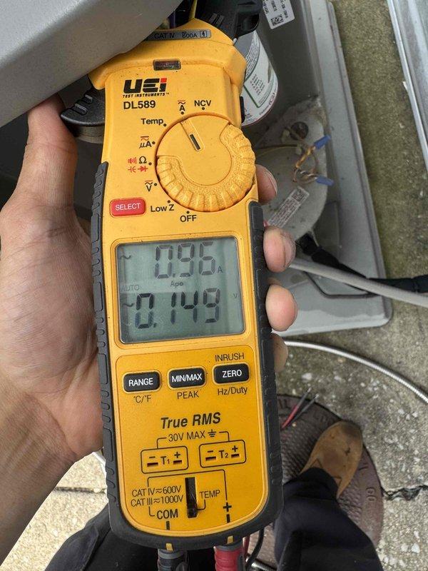 Performed routine HVAC maintenance agreement service on a residential condensing unit with 16x25x1 filter. Inspected blower wheel assembly, confirming clean condition with no debris accumulation and proper blade alignment. Conducted electrical diagnostics using digital multimeter, recording amperage and voltage readings to verify system performance within manufacturer specifications. All components operating normally with no issues identified during inspection.