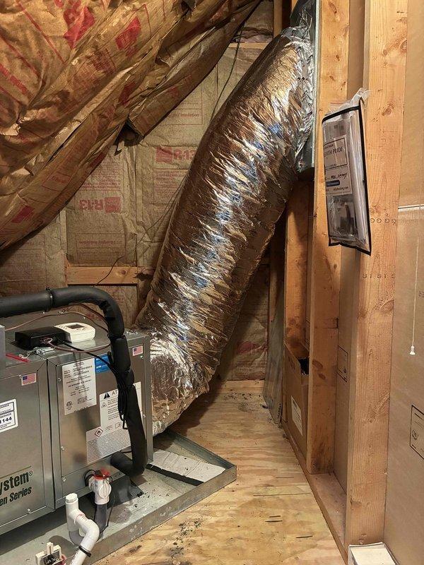Responded to service call for collapsed 16-inch return ductwork on air handler system. Upon inspection in attic space, identified failed flexible duct section that had compressed and restricted airflow to the air handler unit. Removed damaged ductwork and installed new 16-inch flexible duct with proper support and a 90-degree elbow fitting to ensure proper routing and prevent future collapse. Secured all connections with appropriate clamps and verified adequate airflow restoration to the system.