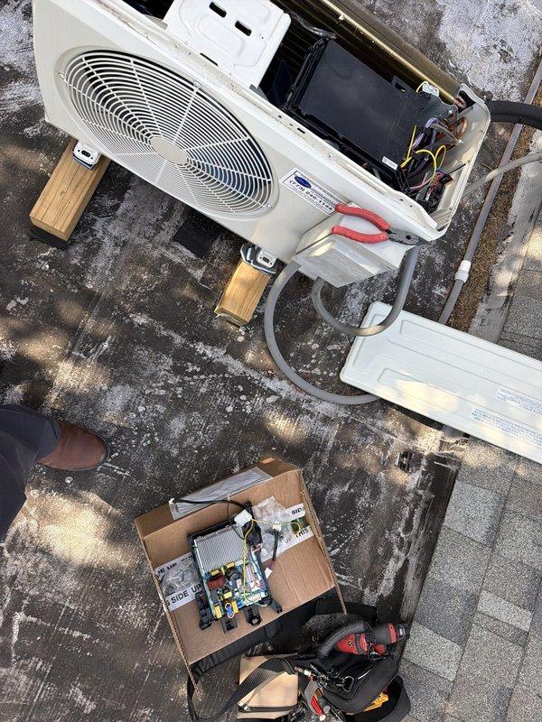 Responded to service call and provided courtesy notification 20 minutes prior to arrival. Diagnosed malfunctioning mini-split air conditioning system and determined the control board had failed. Removed the outdoor unit's front cover to access internal components and successfully replaced the defective circuit board with new OEM part. Verified proper electrical connections and tested system operation to confirm repair was successful. Unit restored to normal operating condition.