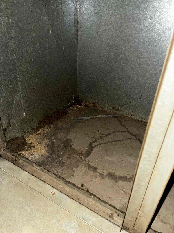 Responded to no cooling complaint on residential AC unit installed less than two years prior. Upon inspection, measured supply air temperature at 50.3°F at the evaporator coil, indicating system is producing adequate cooling but insufficient airflow or distribution issues may be present. Documented conditions of air handler compartment and concrete pad showing moisture staining, suggesting potential condensate drainage concerns that require monitoring.