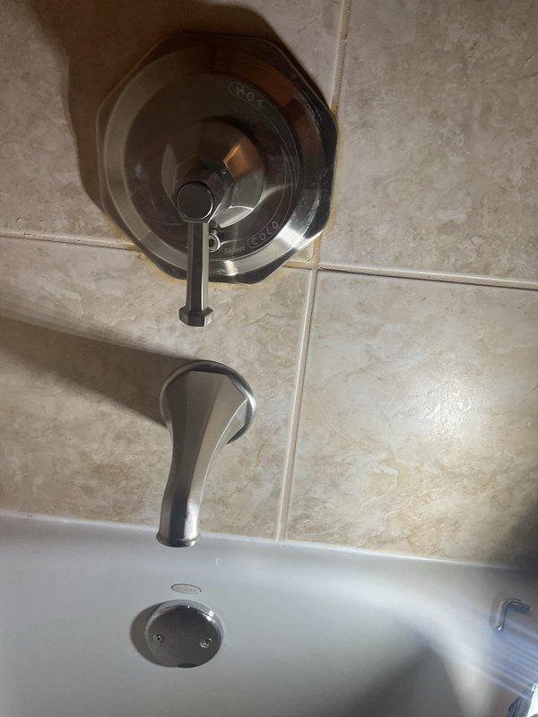 Responded to service call for leaking bathtub fixture. Upon inspection, identified deteriorated valve assembly and corroded escutcheon plate causing water seepage. Removed old tub and shower diverter valve system, replaced with new chrome-finished fixture assembly including circular escutcheon plate, T-handle diverter valve control, and matching curved tub spout. Tested system for proper operation and verified all connections are watertight with no leaks present.