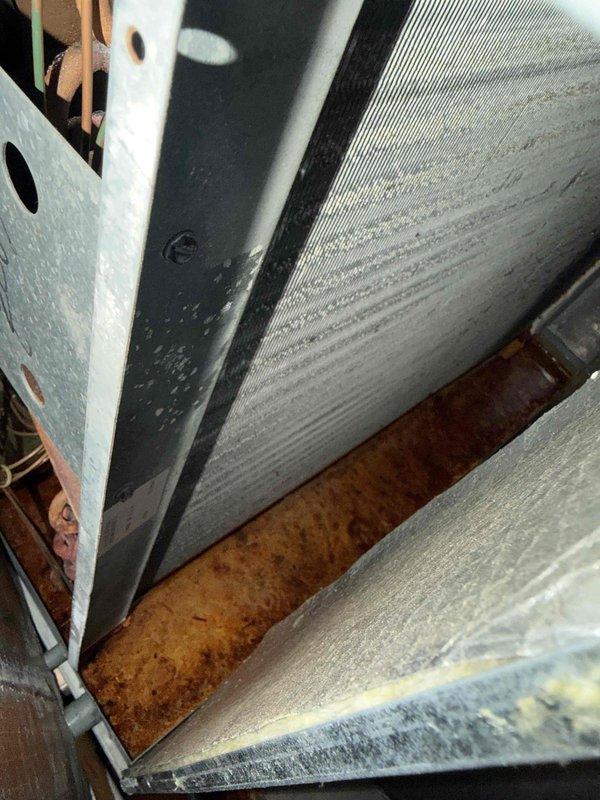 Responded to no cooling call and discovered attic-mounted condenser unit experiencing active refrigerant leak with significant water damage to interior ceiling and walls below. Upon inspection, found extensive corrosion on evaporator coil and copper refrigerant lines, with rust-colored oxidation and debris accumulation throughout the heat exchanger fins. Documented water intrusion damage in stairwell area showing brownish-gray discoloration pattern on walls and ceiling, confirming condensate leak had been penetrating through multiple floors. Recommended immediate system evaluation for coil replacement and proper condensate drain line repair to prevent further structural damage.