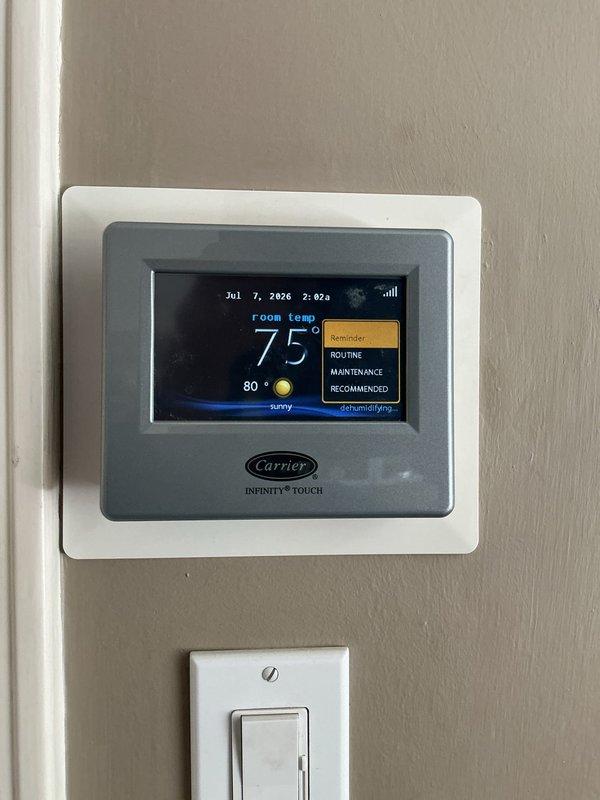 Completed routine maintenance agreement inspection on Carrier Infinity system. Performed comprehensive system evaluation of furnace and air conditioning components, verified thermostat operation and dehumidification function, and documented equipment condition with photographic records showing all components operating within normal parameters.