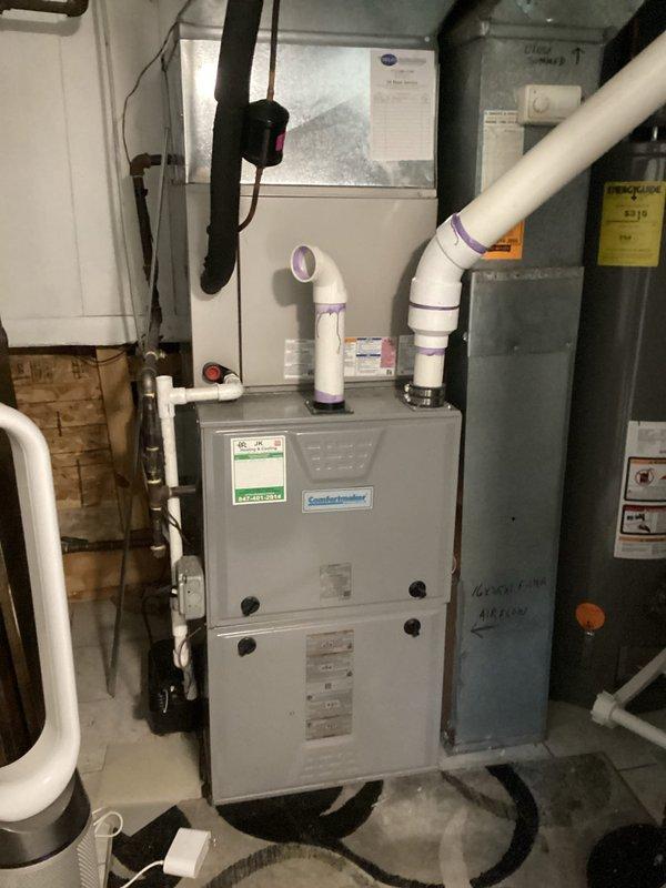 Completed preventative maintenance agreement service on residential HVAC system including furnace and air conditioning unit. Performed comprehensive inspection of furnace unit, air handler, condensate drainage system with PVC piping, electrical connections and controls, and associated ductwork. All equipment found to be operating within normal parameters with proper venting and drainage confirmed.