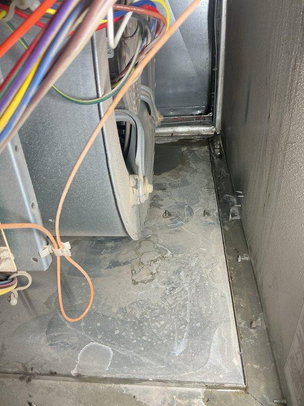 Responded to no cooling complaint on 9-year-old air conditioning system. Upon inspection, found unit was oversized for the home and had a freeze protection sensor previously installed by another technician that was cycling the compressor off while keeping the blower running continuously. This configuration prevented proper cooling, resulting in first floor temperatures exceeding 80 degrees while basement remained in upper 60s, indicating poor air distribution and inadequate dehumidification. Examined evaporator coil area and drain pan, noting evidence of previous moisture accumulation and mineral deposits consistent with freeze-up history. Documented existing equipment configuration and sensor installation. Discussed system sizing concerns and recommended solutions including potential replacement with properly sized equipment, improved airflow management, and thermostat adjustments to address short-cycling and freeze-up issues inherent to oversized systems.