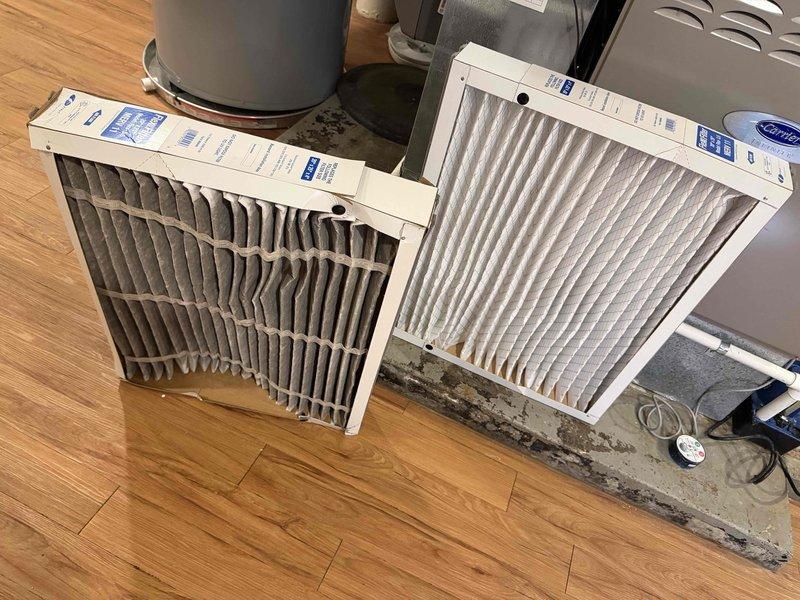 Performed routine HVAC maintenance agreement service. Inspected and replaced heavily soiled pleated air filter showing significant dust and debris accumulation with new filter to restore proper airflow and system efficiency. Documented filter condition with photographs showing before and after comparison, confirming successful completion of filter replacement service.
