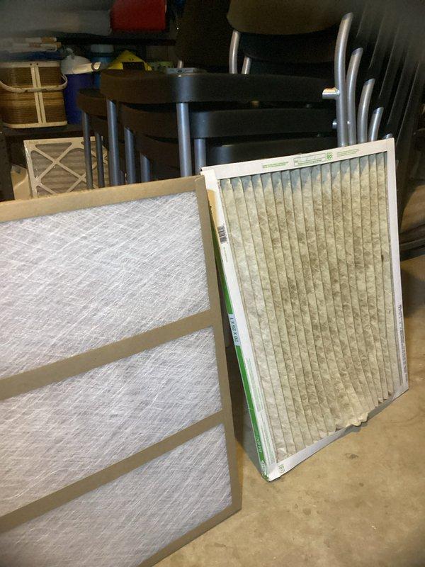 Completed routine HVAC maintenance agreement service, including replacement of 20x25x1 air filter which showed significant dust and debris accumulation. Performed system diagnostics using digital temperature measurement equipment to verify proper air conditioning operation and airflow. Documented pre-service and post-service conditions with photographic evidence showing the contrast between the heavily soiled original filter and clean replacement filter, ensuring optimal system efficiency and air quality.