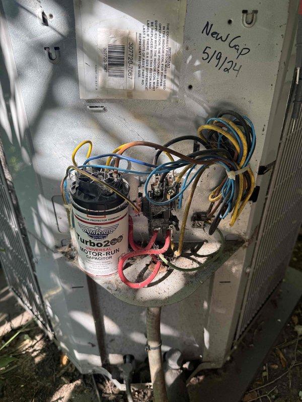 Completed comprehensive cooling system maintenance agreement service on outdoor AC unit. Performed thorough inspection of electrical components including motor-run capacitor and contactor assembly, noting previous capacitor replacement from May 2024. Installed one 201 media filter as included in maintenance agreement and documented system condition with photos showing normal wear consistent with outdoor installation.
