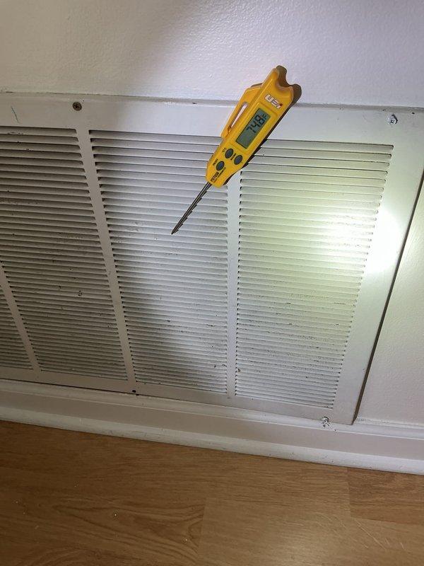 Responded to no cooling complaint on Magic-Pak unit over 10 years old. Upon arrival, verified unit was blowing warm air with temperature measurements at supply grille confirming lack of cooling. Accessed unit through interior closet and performed diagnostic evaluation of system components. Documented equipment condition with photos showing unit configuration and temperature readings for service records.