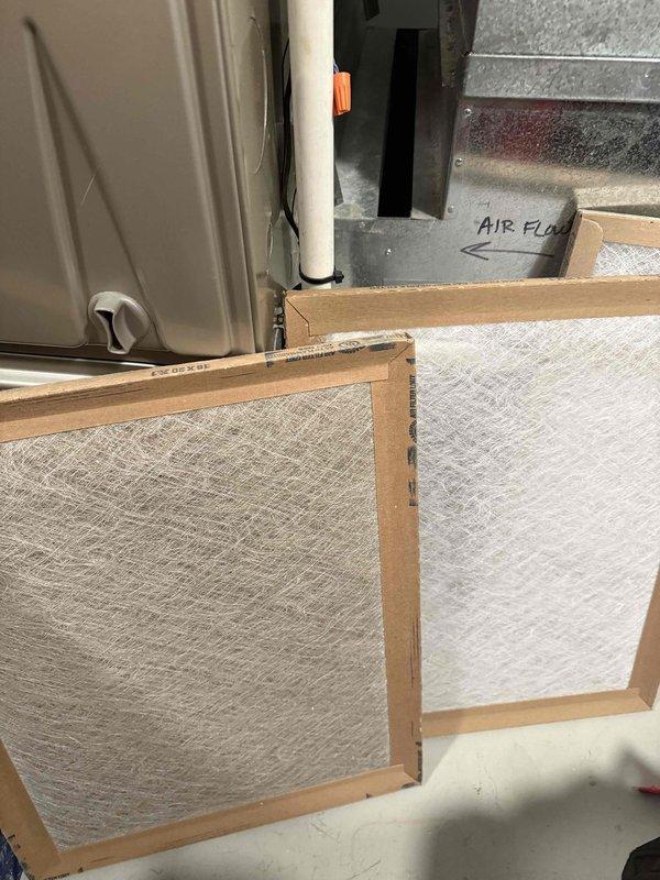 Completed comprehensive maintenance agreement service on two air conditioning systems. Replaced both 16x20x1 air filters, which showed significant dust and debris accumulation. Documented filter condition before and after replacement, confirming proper airflow direction and system accessibility in mechanical spaces.