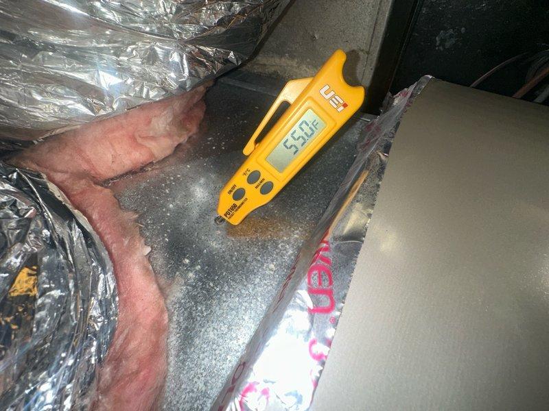 Responded to system fault high humidity alert on recently installed thermostat. Accessed fan coil airflow settings and adjusted dehumidify parameters from high to comfort mode. Verified supply air temperature at air handler reading 55°F, confirming proper system operation and resolving the false humidity warning.