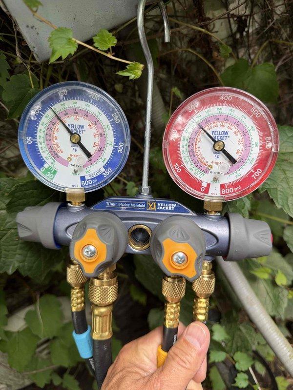 Completed comprehensive HVAC maintenance agreement service on central air conditioning system and two tankless water heaters. Performed diagnostic testing using manifold gauge set to verify refrigerant pressures and system performance, recorded temperature readings of 53.4°F at evaporator coil to confirm proper cooling operation, and conducted visual inspection of all equipment components to ensure optimal system functionality.