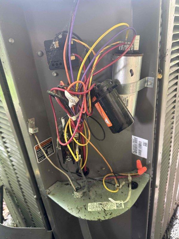Completed scheduled HVAC maintenance agreement service on cooling system. Performed inspection of air handler unit, verified proper operation of electrical components including capacitor and relay, checked wiring connections, and inspected return air filter grate. All components found operating within normal parameters and system functioning properly.