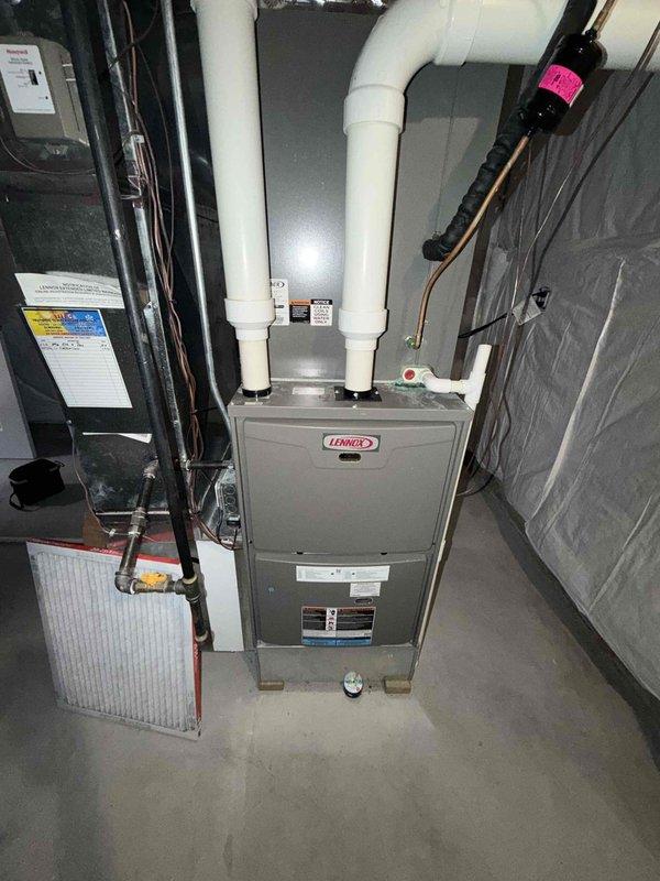 Completed comprehensive maintenance agreement service on two air conditioning systems. Performed system diagnostics, replaced air filters with 16x20x1 and 20x25x1 filters, and verified proper operation of Honeywell ProSeries thermostat displaying 67°F. Inspected Lennox furnace and air handler unit, checked refrigerant lines, electrical connections, and PVC intake/exhaust vents for proper function and condition.