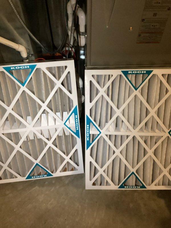 Completed cooling check on two air conditioning systems and replaced 16x25x1 air filters with new KOCH brand filters. Observed heavy frost accumulation on evaporator coil indicating potential airflow restriction or refrigerant issue; monitored temperature readings with digital thermometer to assess system performance. Updated customer account information and addressed outstanding payment method concerns to maintain active maintenance agreement status.