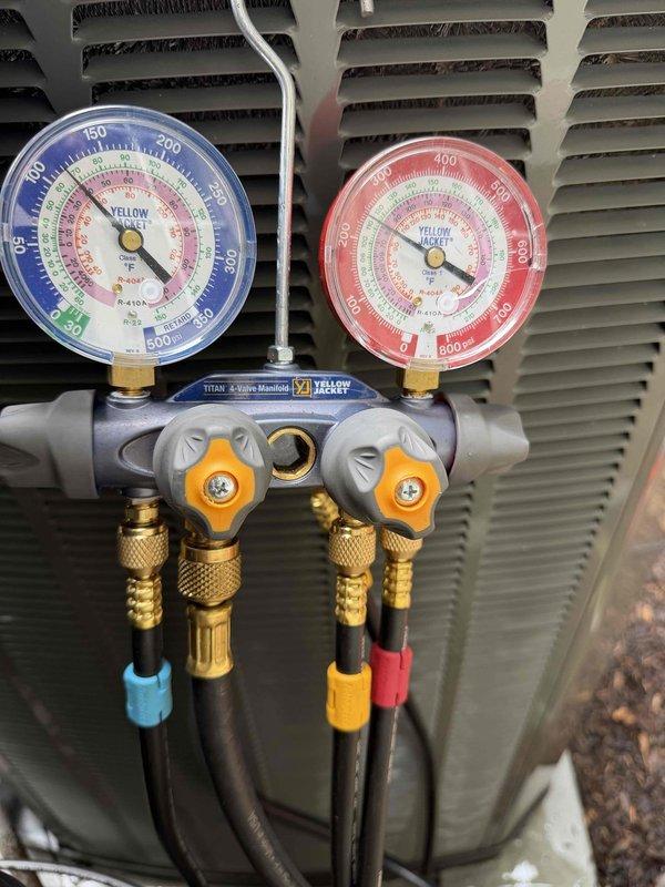 Completed preventive maintenance on CC 1 condenser unit per maintenance agreement terms. Connected manifold gauge set to verify refrigerant pressures and system performance on the outdoor condensing unit. Inspected 20x25x4 media filter at Trane XR95 furnace, which was noted as not included in this service agreement per customer specifications.