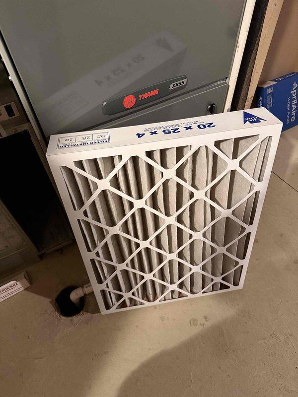 Completed preventive maintenance on CC 1 condenser unit per maintenance agreement terms. Connected manifold gauge set to verify refrigerant pressures and system performance on the outdoor condensing unit. Inspected 20x25x4 media filter at Trane XR95 furnace, which was noted as not included in this service agreement per customer specifications.