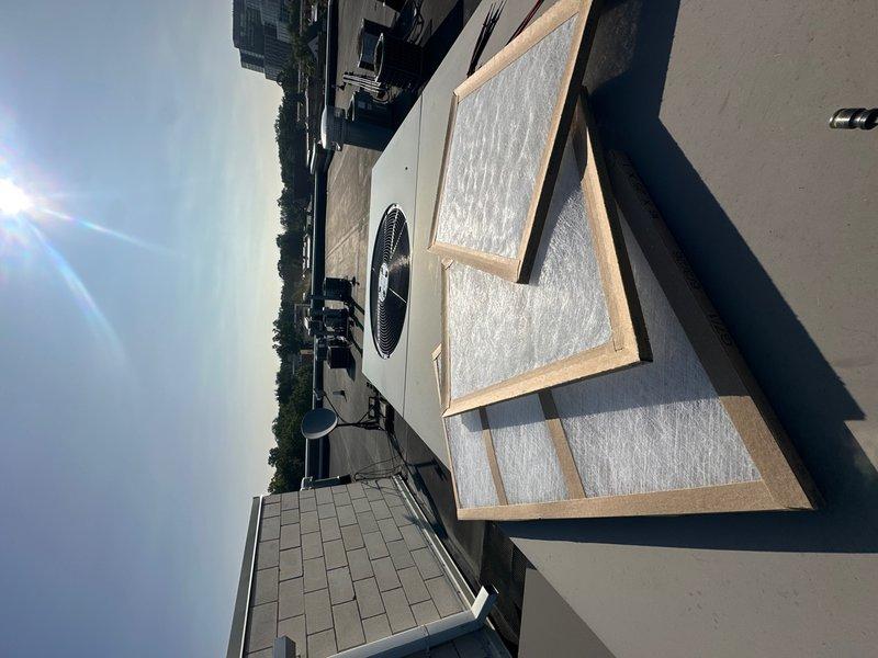 Completed commercial HVAC maintenance agreement service on rooftop RTU cooling system, two water heaters with circulating and booster pumps. Replaced air filters including two 16x20x1 and one 16x25x1 units, performed system inspection and documentation of all equipment.