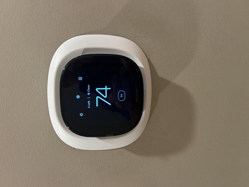 Replaced defective ecobee thermostat under manufacturer warranty and verified system airflow settings for continuous fan operation. Reviewed equipment upgrade options with homeowner, discussing available HVAC system replacements and efficiency improvements.