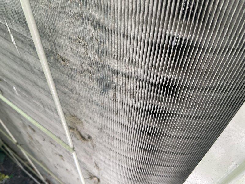 Completed routine HVAC maintenance agreement service on air conditioning system. Inspection revealed heavily soiled evaporator coil with significant dirt and debris accumulation affecting heat transfer efficiency. Supply air temperature measured at 48.3°F at register, confirming system cooling operation. Customer advised that 20x25x4 filter is not included in maintenance agreement coverage.