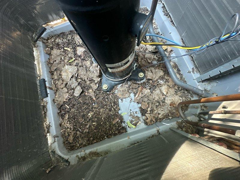 Returned to property to complete installation of furnace switch in first-floor unit as scheduled. Upon arrival, accessed outdoor condensing unit and documented existing conditions prior to service work. Unit showed significant accumulation of organic debris including leaves, dirt, and decomposed plant matter in bottom pan and around compressor base. Debris had collected around electrical junction box and between condenser coil fins, restricting airflow and creating potential operational concerns.

Completed switch installation in furnace as planned. Verified electrical connections and proper switch operation. Cleaned accumulated debris from condensing unit housing, electrical box area, and condenser coil fins to restore proper airflow and prevent future electrical issues. Inspected refrigerant lines, compressor mounting, and electrical wiring for any weather-related damage or deterioration. All components functioning within normal parameters following installation and cleaning procedur