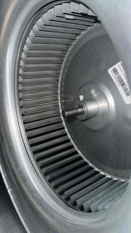 Completed routine HVAC maintenance agreement service on residential split system, performing condenser coil cleaning and system inspection on CC 1 condenser unit. Inspected blower wheel assembly and verified proper operation of all components, with photographic documentation of equipment nameplate data and internal blower assembly condition for service records.