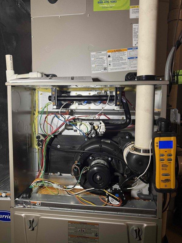Completed comprehensive heating system tune-up and maintenance on residential furnace unit. Performed full system diagnostics using calibrated testing equipment, inspected all internal components including blower motor assembly and electrical connections, verified proper operation of safety switches and controls, and confirmed thermostat functionality with accurate temperature readings at 75°F setpoint.