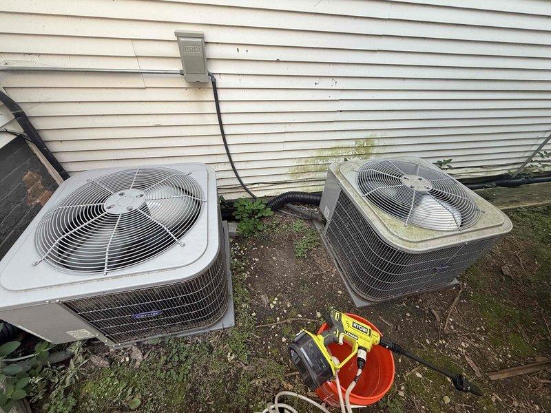 Completed comprehensive maintenance agreement service on dual HVAC system including two outdoor condensing units, two furnaces, and humidifier. Performed full system inspection and cleaning of both condensers positioned on exterior concrete pad, checking refrigerant levels, electrical connections, and contactor operation. Inspected and serviced both furnace blower assemblies, verifying proper airflow through centrifugal fan wheels and checking motor operation. Replaced two 16x25x1 air filters across both systems. Evaluated humidifier function and water supply connections. All equipment operational and running within manufacturer specifications upon completion.