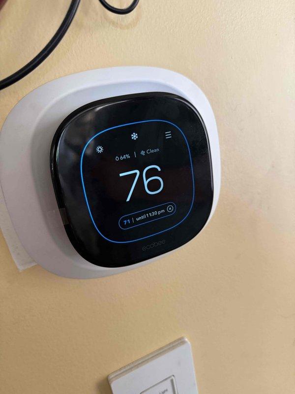Completed scheduled AC maintenance and replaced malfunctioning thermostat with new Ecobee3 digital unit. Inspected blower wheel assembly and verified proper operation of all HVAC system components.