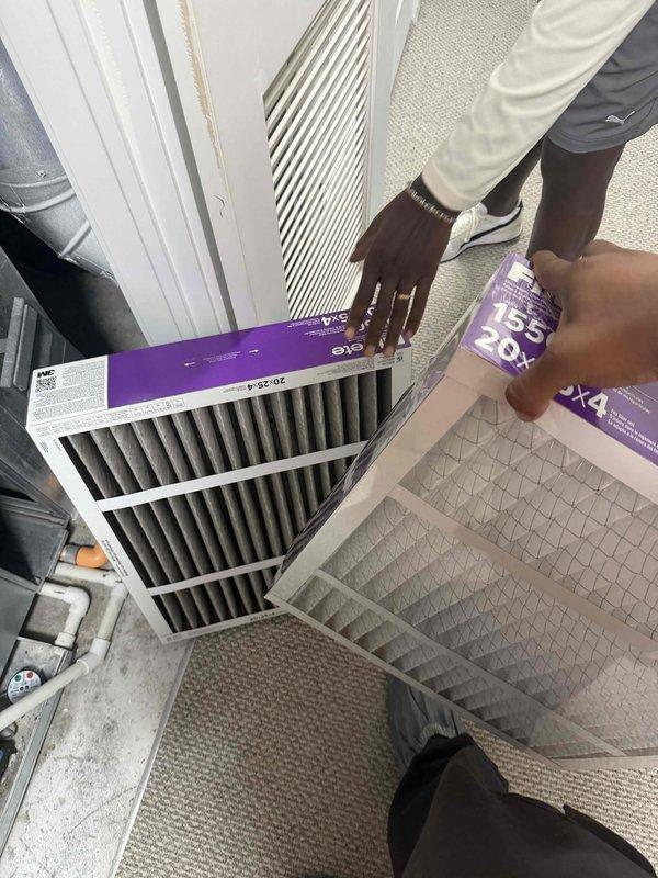 Responded to no cooling complaint on Carrier HVAC system. Upon inspection, found heavily restricted air filter impeding airflow to the system. Removed dirty 20x24x1 filter and installed new filter with proper MERV rating. Verified system operation and restored adequate cooling performance.