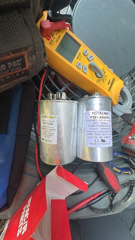 Responded to no cooling complaint on residential air conditioning system. Upon arrival, performed diagnostic testing on outdoor condenser unit and identified failed run capacitor. Verified capacitor failure using digital multimeter, confirming inadequate microfarad reading and preventing compressor from operating properly. Replaced defective dual run capacitor with new Totaline P291-4554RS capacitor meeting manufacturer specifications. Tested system operation, confirmed proper amperage draw on compressor, and verified unit returned to normal cooling operation.