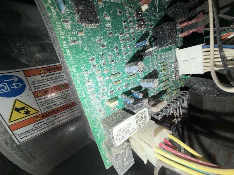 Completed cooling check on two air conditioning systems as part of maintenance agreement. Inspected control boards, electrical connections, and internal components; verified proper operation of safety systems and wiring harnesses; documented equipment condition with photos showing circuit boards, insulation, and filtration media in good working order.