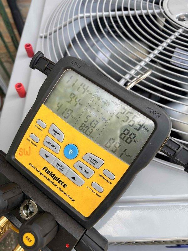 Completed full HVAC system replacement including furnace, condenser unit, evaporator coil, and thermostat. Performed system commissioning and verified proper operation with diagnostic readings showing 115°F and appropriate humidity levels at the outdoor unit. New wall-mounted thermostat installed and programmed for optimal system performance.