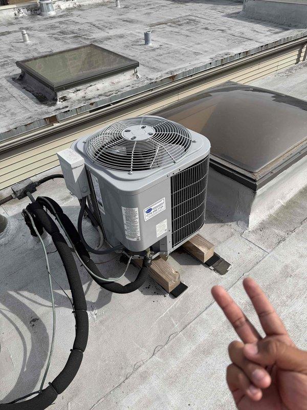 Completed comprehensive maintenance on two furnace systems located in basement and two rooftop air conditioning units as part of annual maintenance agreement. Accessed rooftop equipment using extended ladder to perform full inspection and servicing of both AC condensers, including checking refrigerant lines, fan operation, and overall unit condition. Inspected and serviced both basement furnace systems, including filter replacement and examination of ductwork, piping, and mechanical components in confined utility spaces.