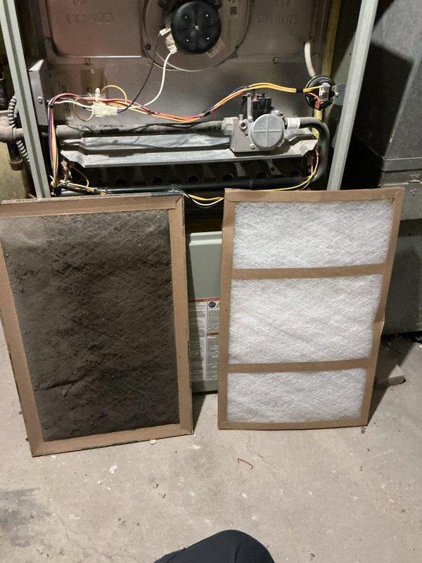Completed commercial HVAC maintenance agreement service on two furnace units. Performed system inspection, replaced heavily contaminated air filter with new filter, and inspected blower wheel assembly which showed moderate dust accumulation but remained operational. All components checked and units left in proper working condition per maintenance agreement specifications.