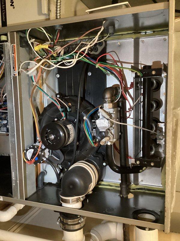 Performed comprehensive furnace tune-up and maintenance on basement-located heating system. Conducted thorough inspection of internal components including blower motor assembly, gas valve, pressure switch, and electrical connections. All components found operating within normal parameters, wiring connections secure, and combustion system functioning properly. Verified proper drainage through condensate lines and confirmed system safety controls operational. Unit tested and left in proper working condition.
