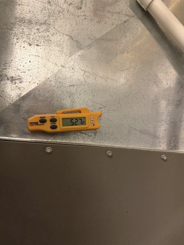 Performed routine HVAC maintenance agreement service on cooling system. Replaced 16x25x1 air filter, removing heavily soiled filter and installing new filter to restore proper airflow and system efficiency. Verified system temperatures with digital thermometer, recording 52°F at evaporator coil, confirming adequate cooling performance and proper refrigerant charge.