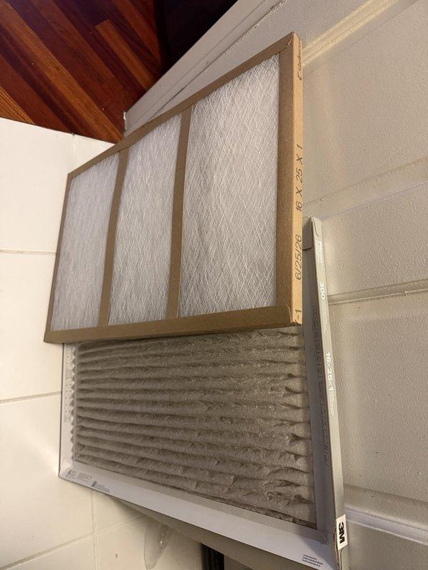 Performed routine HVAC maintenance agreement service on cooling system. Replaced 16x25x1 air filter, removing heavily soiled filter and installing new filter to restore proper airflow and system efficiency. Verified system temperatures with digital thermometer, recording 52°F at evaporator coil, confirming adequate cooling performance and proper refrigerant charge.