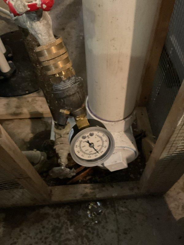 Responded to callback for water pressure concerns following previous installation of whole-home water filtration system post filter and battery backup sump pump. Inspected pressure gauge readings on filtration system and verified proper operation of all valves and connections. Confirmed system pressure within normal parameters and determined no issues related to previous service work.