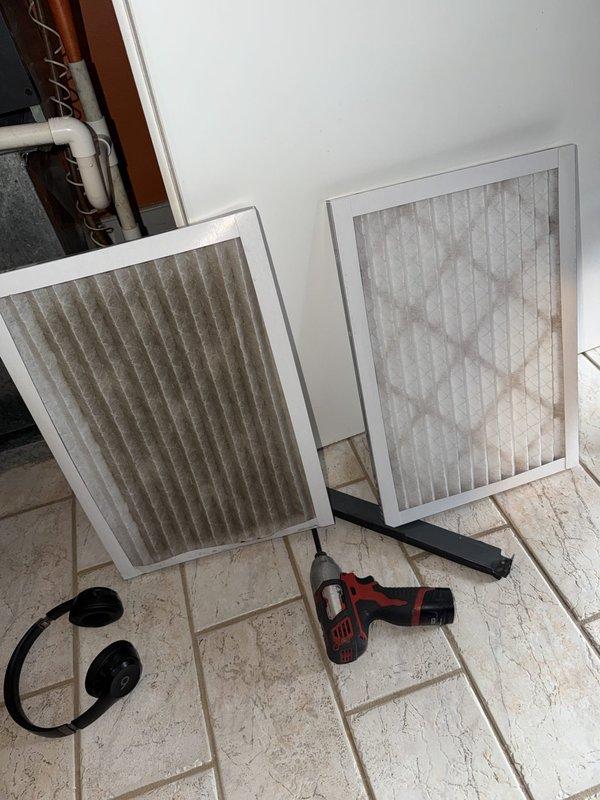 Responded to no cooling complaint on 5-year-old air conditioning system. Upon arrival, found standing water in drain pan preventing unit operation due to safety float switch activation. Inspected evaporator coil assembly and identified severely clogged condensate drain line and heavily soiled drain pan with significant debris accumulation. Cleared condensate drain line obstruction to restore proper drainage. Cleaned and sanitized drain pan, removing accumulated dirt, dust, and biological growth. Replaced dirty air filter with clean filter to improve airflow and system efficiency. Verified proper condensate drainage and confirmed safety float switch reset. Tested system operation and verified unit cooling properly with no further drainage issues. System restored to normal operation.