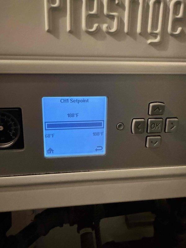 Responded to callback for boiler system that received repairs on Friday. Upon arrival, verified system operation and confirmed CH1 setpoint properly configured at 188°F with system maintaining target temperature. Reviewed control interface functionality and documented proper operation of Prestige controller with all parameters displaying correctly.