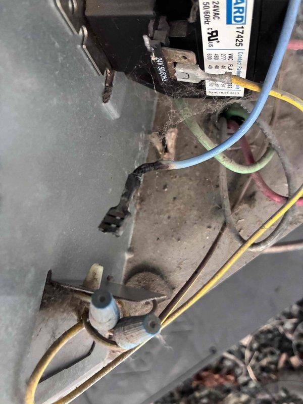 Responded to service call for air conditioning unit making loud noise upon startup. Performed diagnostic inspection of aging system and tested capacitor with multimeter. Based on visual inspection showing significant wear, corrosion, and deteriorated wiring connections throughout the unit, customer was advised of findings and recommended repairs needed to restore proper operation.